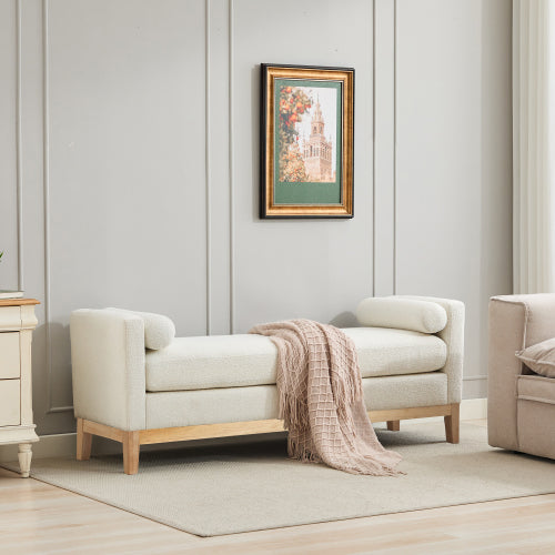 66.34inch W Elegant Upholstered Bench,Daybed, Ottoman with Nature Wood Legs & 2 Bolster Pillows for End of Bed, Bedroom, Living Room, Entryway,Ivory Boucle