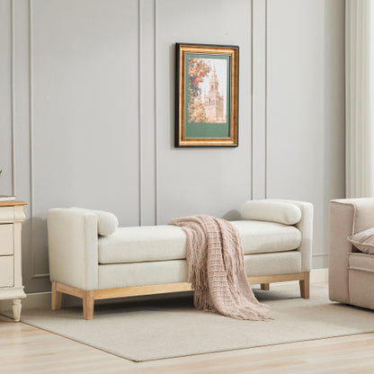 66.34inch W Elegant Upholstered Bench,Daybed, Ottoman with Nature Wood Legs & 2 Bolster Pillows for End of Bed, Bedroom, Living Room, Entryway,Ivory Boucle