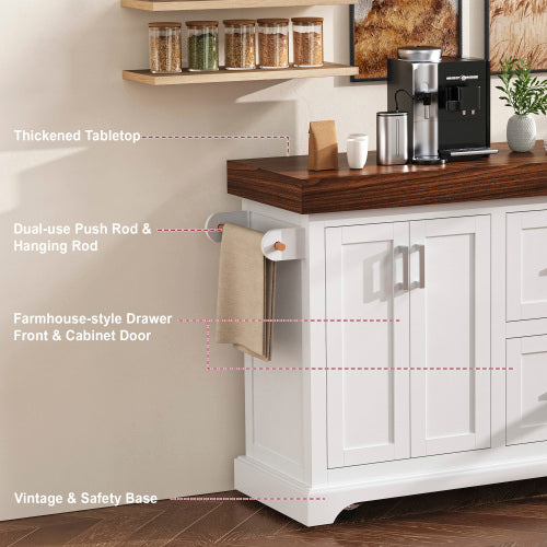 53 Inch Rolling Kitchen Island with Thick Top Drawers & Spice Rack White