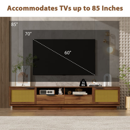 78.74 inch Walnut 2 Rattan Door 2 Drawer Legless TV Stand Open Shelf Media Console Supports 85 inch TV
