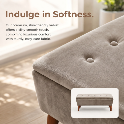42 Inch Rectangular Linen Ottoman Bench, Solid Wood Tapered Legs, Multi-Use End of Bed & Entryway Shoe Ottoman
