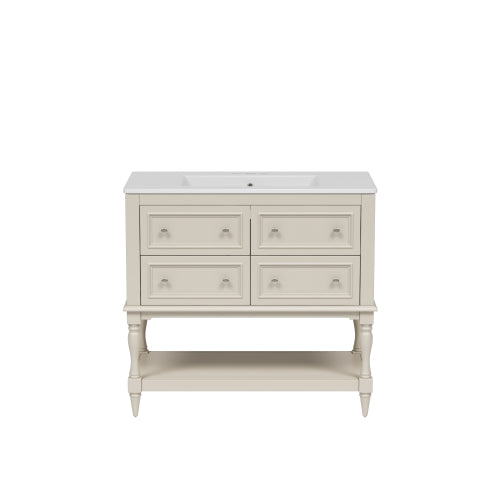 36" Bathroom Vanity Cabinet with Sink Combo Set, Undermount Ceramic Sink, Free Standing Vanity Set with 4 Drawers, Solid Wood Frame Bathroom Cabinet, Beige