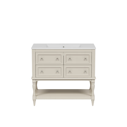 36" Bathroom Vanity Cabinet with Sink Combo Set, Undermount Ceramic Sink, Free Standing Vanity Set with 4 Drawers, Solid Wood Frame Bathroom Cabinet, Beige