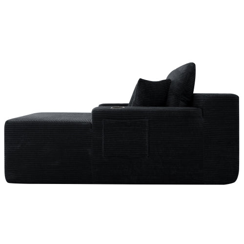 Black Convertible Corduroy Boneless Chaise Lounge Sleeper Sofa-Bed Wide Armrest Cup-Holder & Throw Pillows No-Assembly