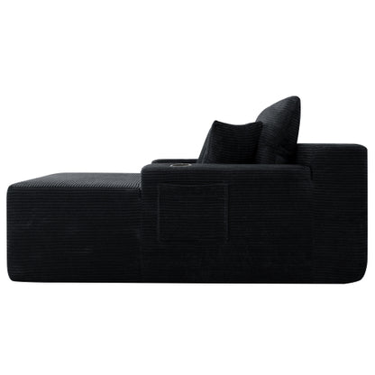 Black Convertible Corduroy Boneless Chaise Lounge Sleeper Sofa-Bed Wide Armrest Cup-Holder & Throw Pillows No-Assembly