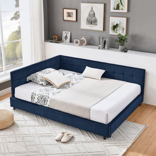 Full Size Upholstered Tufted  Bed Frame, Sofa Bed Frame with Comfortable Backrest and Armrests, Full Size Bed for Bedroom, Living Room,Velvet, Dark blue(80.5inch *59inch *30.5inch )