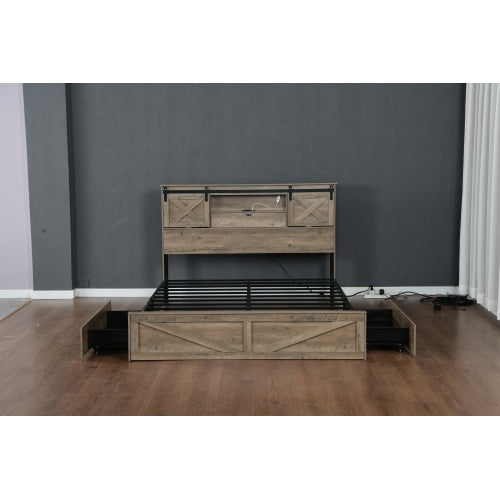 Farmhouse Bed Frame Queen Size with LED Lights and Charging Station, Wooden Queen Bed with 2 Storage Drawers, Rustic Headboard with Sliding Barn Door Storage Cabinets