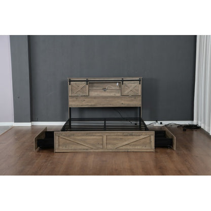 Farmhouse Bed Frame Queen Size with LED Lights and Charging Station, Wooden Queen Bed with 2 Storage Drawers, Rustic Headboard with Sliding Barn Door Storage Cabinets
