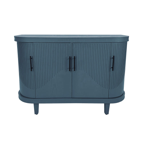 Blue Curved Sideboard 47 Inch Wood Console Cabinet 4 Doors Adjustable Shelves Ash Veneer