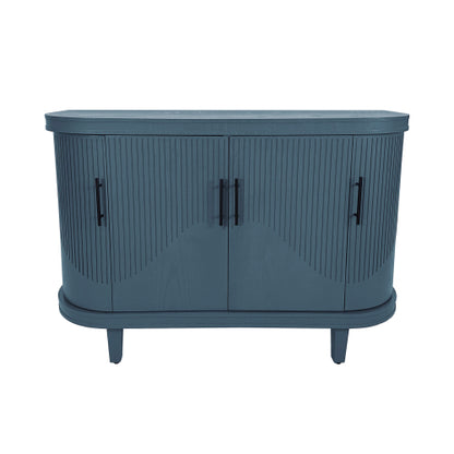 Blue Curved Sideboard 47 Inch Wood Console Cabinet 4 Doors Adjustable Shelves Ash Veneer