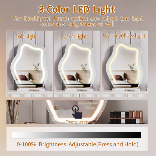 Adjustable-Length Vanity with Cloud LED Mirror - Modern Makeup Table with Storage Drawers & Side Cabinet, Ribbed Texture Design for Bedroom, Dorm & Small Spaces