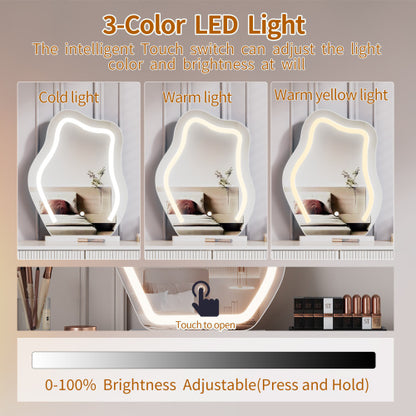 Adjustable-Length Vanity with Cloud LED Mirror - Modern Makeup Table with Storage Drawers & Side Cabinet, Ribbed Texture Design for Bedroom, Dorm & Small Spaces