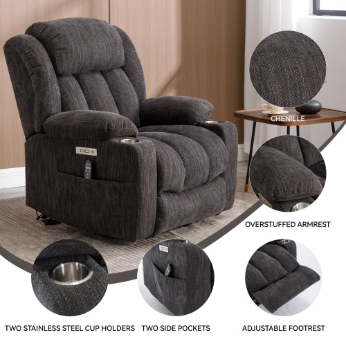 Up to 350 LBS Chenille Power Lift Recliner Chair, Heavy Duty Motion Mechanism with 8-Point Vibration Massage and Lumbar Heating, USB and Type-C Ports, Stainless Steel Cup Holders, Grey