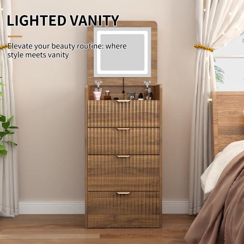 Walnut 3?in?1 Flip?Top Vanity Desk with Rolling Stool, LED Lights & Fluted Drawer