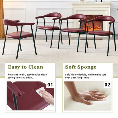 PU Leather Dining Chairs with Black Metal Legs, Set of 4, Reddish Brown