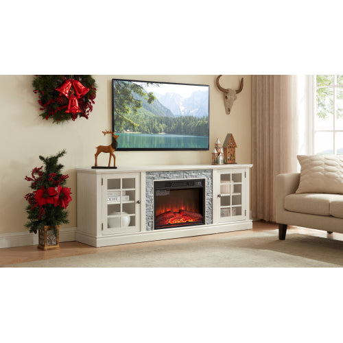 70 Inch TV Stand with 23 Inch Electric Fireplace Faux Stone White Console