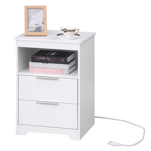 White Wooden Nightstand with Charging Station, 2 Drawers & Open Shelf Modern Side Table