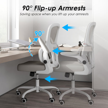 Office Chair, Mesh Ergonomic Office Chair with Lumbar Support, Comfy Computer Desk Chair with Flip Armrest Rolling Wheels for Home Study Room Office, White & Khaki
