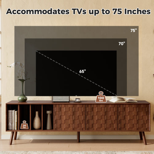 68 inch Mid-Century Modern TV Stand with Solid Wood Legs, Storage Cabinets & Open Shelves