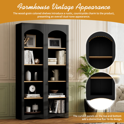Farmhouse 5-Tier Bookcase Set of 2 with Adjustable Shelves, Black
