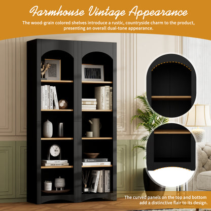 Farmhouse 5-Tier Bookcase Set of 2 with Adjustable Shelves, Black
