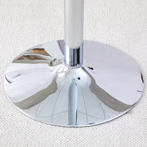 A glass tabletop with a diameter of 35 inches and a modern minimalist circular dining table with electroplated silver metal legs. Suitable for restaurants, living rooms, and conference rooms.