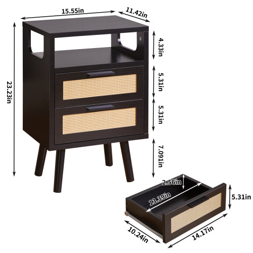 Black 2-Drawer Nightstand Set with Golden Metal Handles