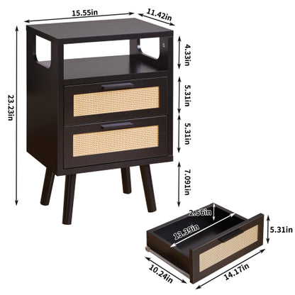 Black 2-Drawer Nightstand Set with Golden Metal Handles