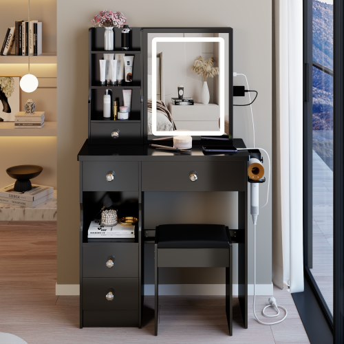 29.2" Small Size Drawer Desktop Vanity Table + Cushioned Stool, 2 AC+2 USB Power Station, Hair dryer bracket, Extra Large Touch Control Sliding LED Mirror, 3-color Switching, EPA, GCC, UL Certificate
