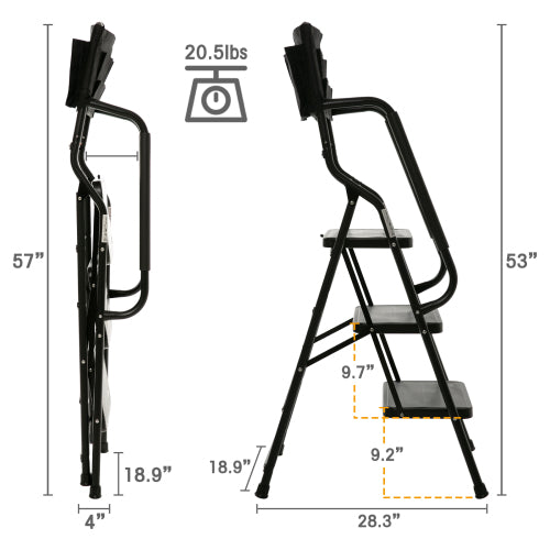 3 Step Ladder with Handrails 500 lb Capacity Step Stool Folding Ladders for Home Kitchen Steel Frame with Safety Side Handrails Non-Slip Wide Pedal Stepladder with Attachable Tool Bag Black