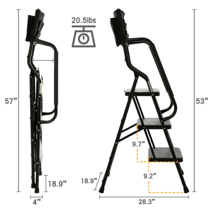 3 Step Ladder with Handrails 500 lb Capacity Step Stool Folding Ladders for Home Kitchen Steel Frame with Safety Side Handrails Non-Slip Wide Pedal Stepladder with Attachable Tool Bag Black