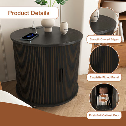 Black Cylinder Nightstand, Mid-Century Round End Table with Charging Station & 2-Tier Storage