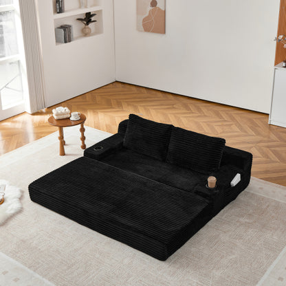 70.8-inch corduroy two-in-one sofa bed, featuring a lounge chair with two throw pillows, built-in cup holders in the armrests, and side storage pockets-ideal for living rooms, bedrooms, and relaxation