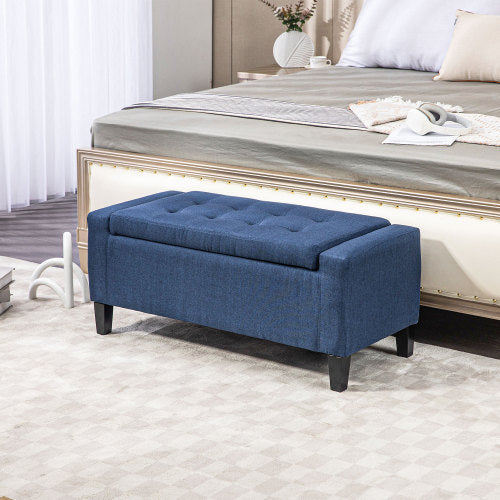 Storage Ottoman, Linen Upholstered Storage Bench with Lift Top and Button Tufted for Living Room, Dark Blue
