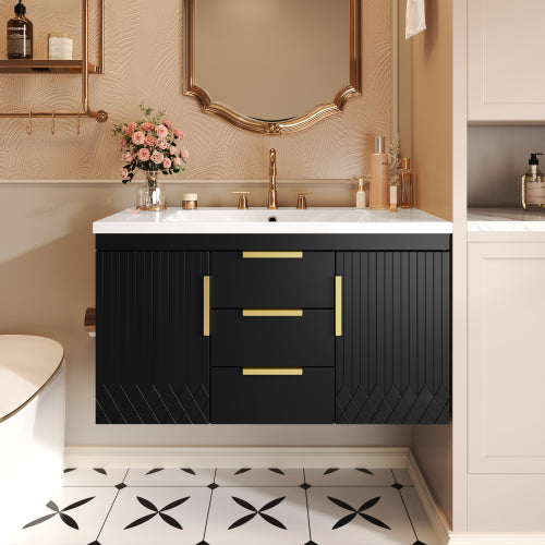 36'' Wall Mounted Bathroom Vanity with Resin Sink, Floating Bathroom Storage Cabinet with 2 Drawers, Solid Wood Bathroom Cabinet (Same as N710S236003B)