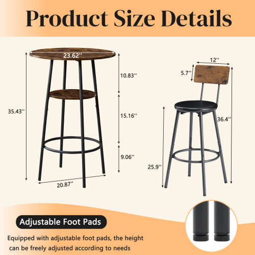 3 Pieces Round Bar Table and Chairs Set, Small Dining Table for 2 with 2-Tier Storage & 2 PU Upholstered Bar Stools for Kitchen, Dining Room, Living Room, Bar, Cafe, Small Space Corner, Rustic Brown