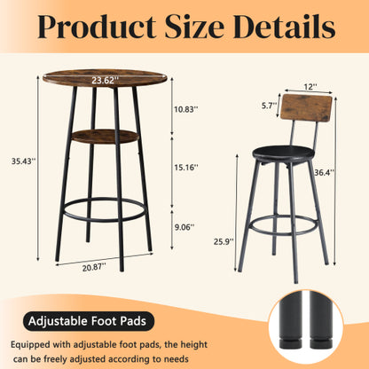 3 Pieces Round Bar Table and Chairs Set, Small Dining Table for 2 with 2-Tier Storage & 2 PU Upholstered Bar Stools for Kitchen, Dining Room, Living Room, Bar, Cafe, Small Space Corner, Rustic Brown