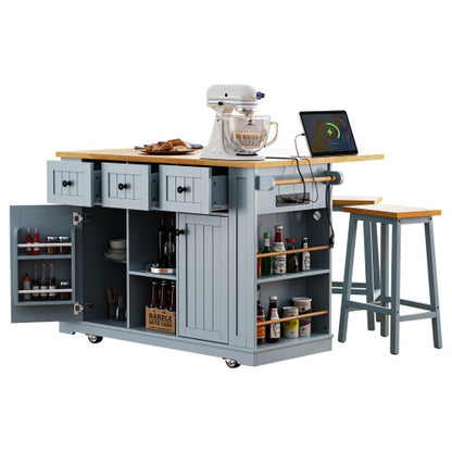 53inch Large Kitchen Island with 2 Bar Stools,Power Outlet,Door Internal Storage Rack,Kitchen Storage Cart on 5 Wheels with Drop Leaf,5 Open Side Racks,3 Drawers,Grey Blue (Three Packages)