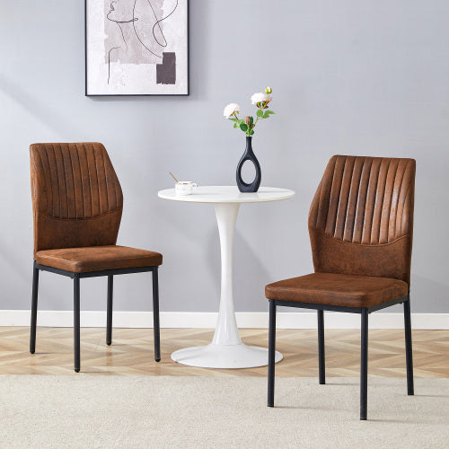 Striped Back Fabric Dining Chairs with Black Metal Legs, Set of 2, Brown