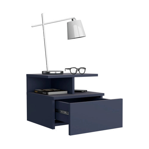 Blue Floating Nightstand with 1 Drawer & 2 Lower Shelves
