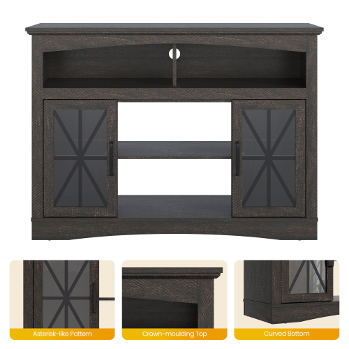 47 Inch Brown Farmhouse Retro TV Stand with Tempered Glass Doors, LED Lights & Adjustable Shelves
