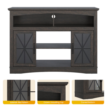 47 Inch Brown Farmhouse Retro TV Stand with Tempered Glass Doors, LED Lights & Adjustable Shelves