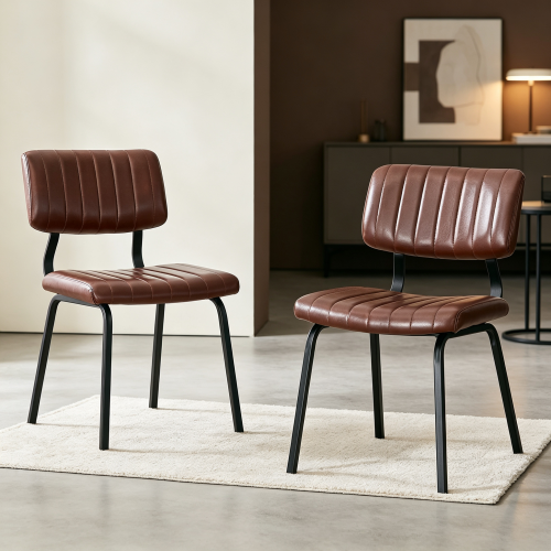 Channel Tufted Faux Leather Dining Chairs with Metal Legs, Set of 2, Brown