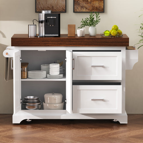 53 Inch Rolling Kitchen Island with Thick Top Drawers & Spice Rack White