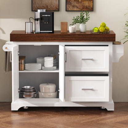 53 Inch Rolling Kitchen Island with Thick Top Drawers & Spice Rack White