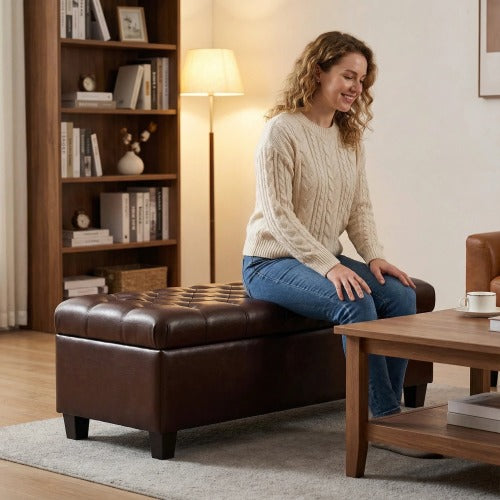50.25inch  Storage Ottoman Bench - Brown Storage Bench End of Bed with Safety Hinges, Footrest Stool for Living, Dining Room, Entryway and Hallway