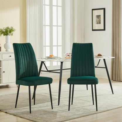 Set of 2 Green Velvet Dining Chairs, Black Powder-Coated Iron Feet, Solid Wood Frame, KD Structure, 300lbs Load