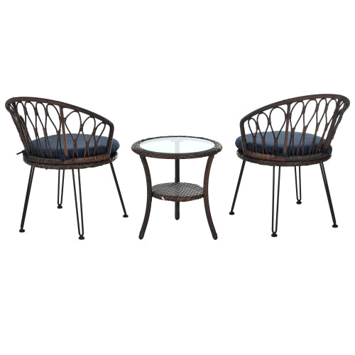 U_STYLE Outdoor Leisure Set, 2 Rattan Single Chairs with A Glass Round Table, Perfectly Suited for Patios, Balconies, and Courtyards