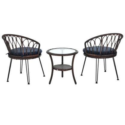 U_STYLE Outdoor Leisure Set, 2 Rattan Single Chairs with A Glass Round Table, Perfectly Suited for Patios, Balconies, and Courtyards