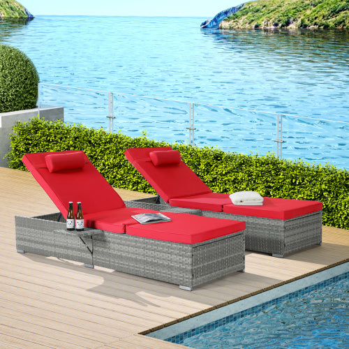 Outdoor Chaise Lounge Chair Set of 2 with Patio Pool Chairs Tanning Lounges for Outside,Beach Rattan Recliners with Adjustable Backrest, Table, Cushion for Poolside Backyard Garden